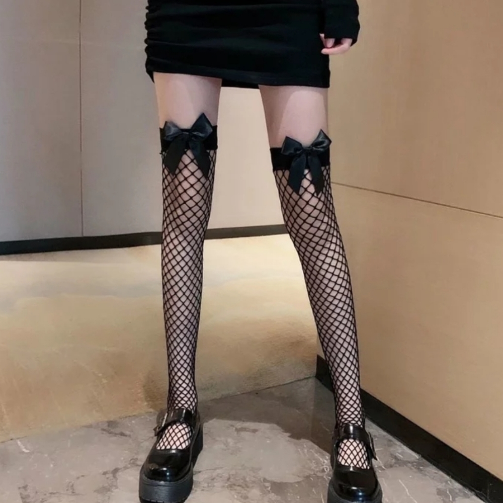 💋Satin Bow Fishnet Thigh High Stockings💋 - Picture 8 of 15